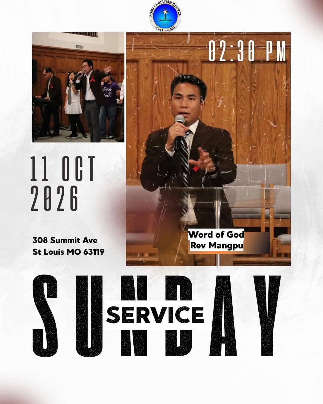 Sunday Service announcement for October 11, 2026 at 2:30 PM